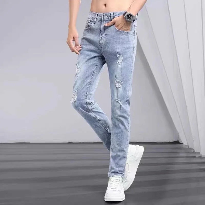 Boyfriend Daily All-match Pencil Distressed Jeans Men Casual Slim Fit Denim Pants Narrow Leg Ripped Pants Skinny Solid Trousers