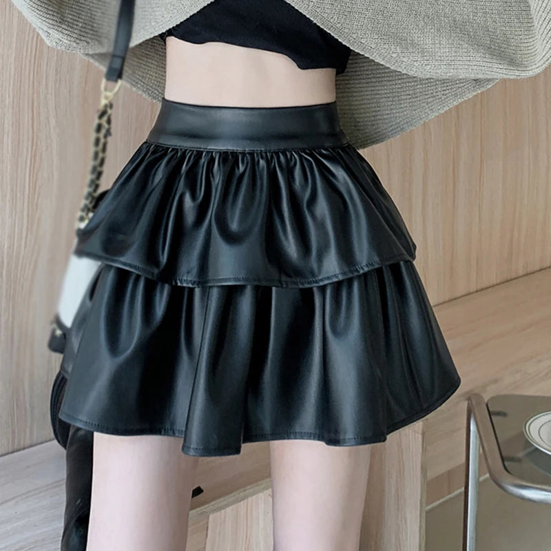 Women's Skirt Korean Version High Waist Sweet Versatile Fashion Temperament PU Leather Bouffant Cake Skirt