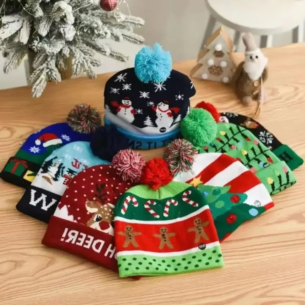 1pc LED Christmas Hat X-mas Flash Light Up Knitted Hat Warm Winter Cap Christmas Gift for Kids/Adults Xmas New Year Feative Hats