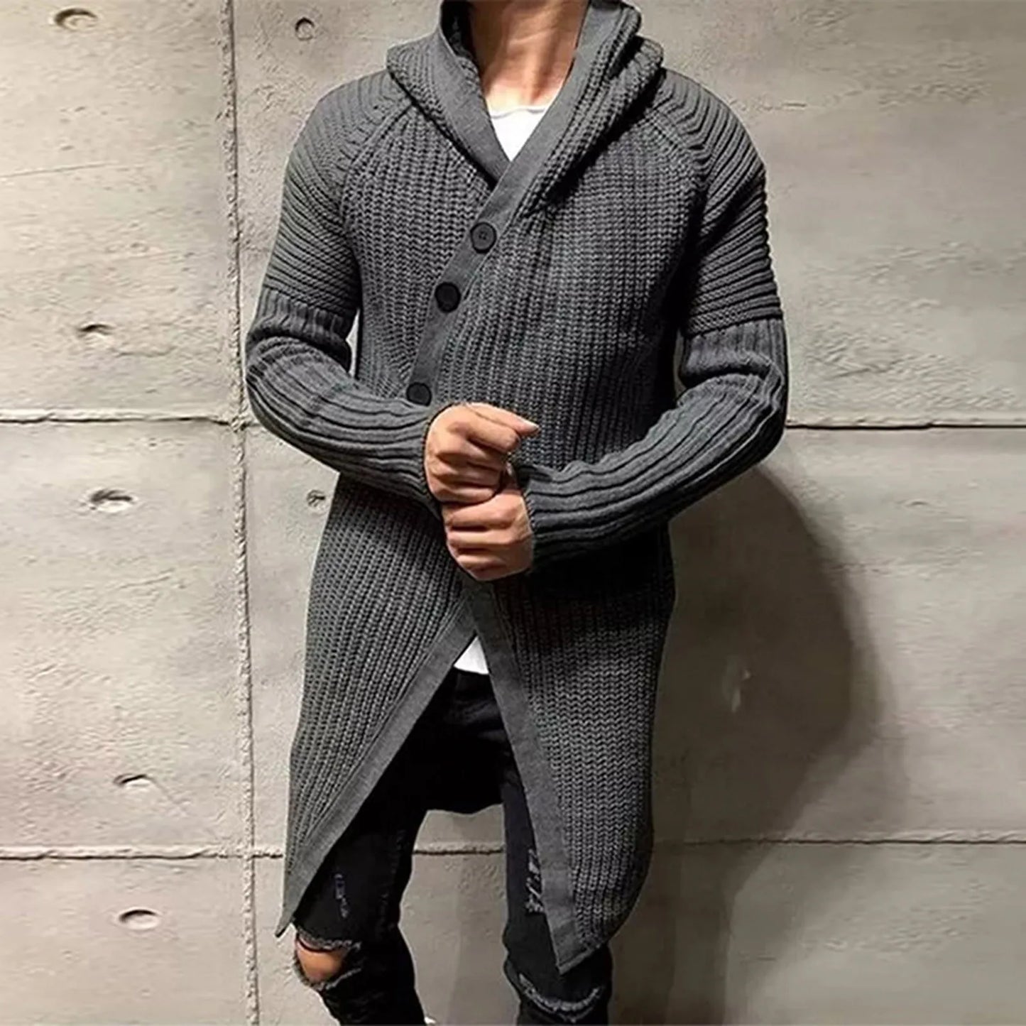 Autumn Winter Men's Cardigans Sweaters New Fashion Loose Irregular Long Jumpers Mens Hooded Solid Color Thick Warm Knit Sweater