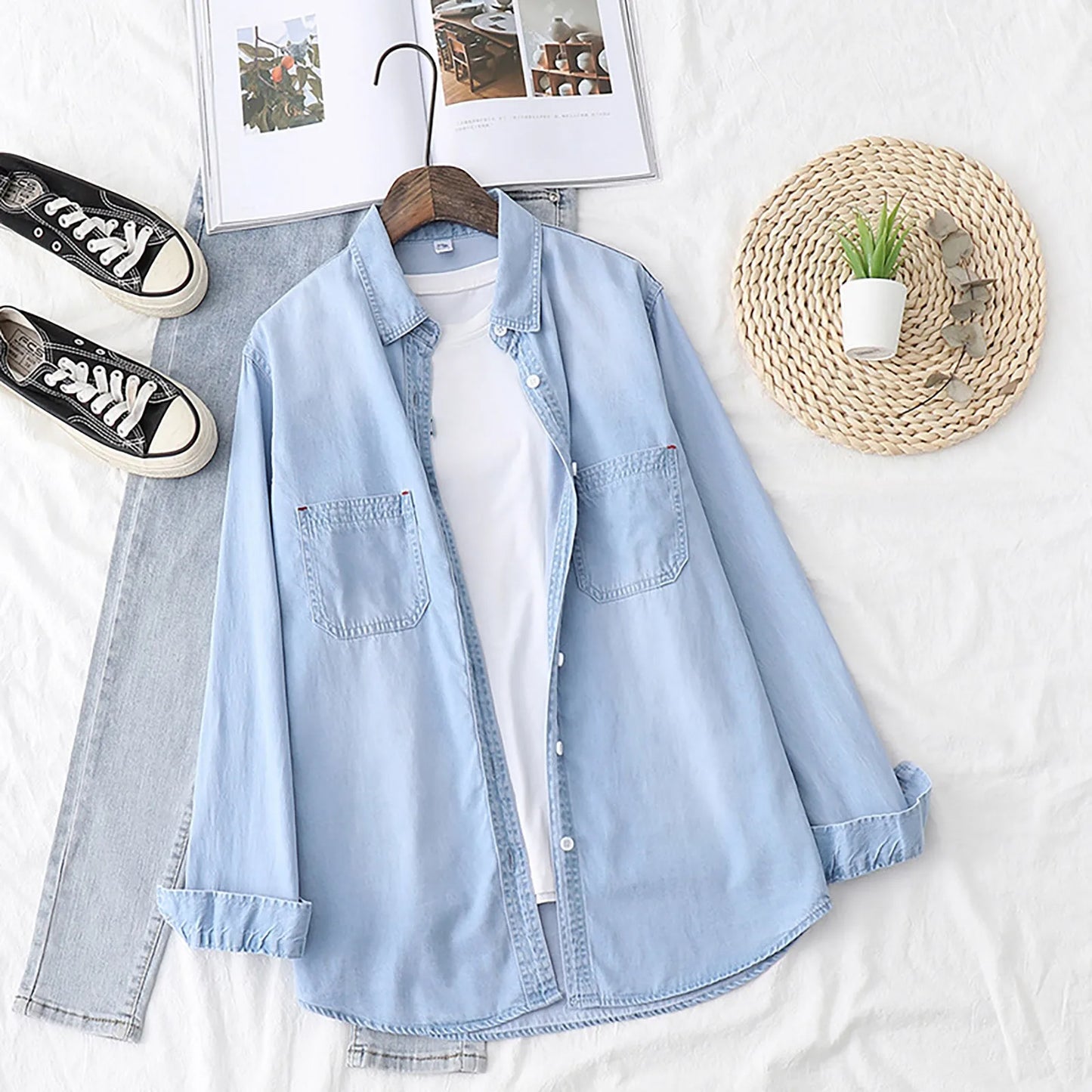 Retro Blue Women Denim Shirt New Korean Fashion Solid Single Breasted Shirt Top Long Sleeve Women Shirt Blouse Female Clothes