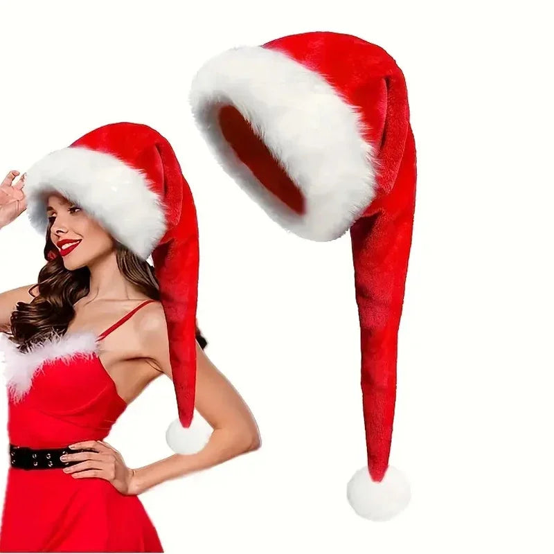 Merry Christmas Hats Thickened Long Plush Santa Claus Red Xmas Hats For Adult Kids Christmas New Year Party Decorations Gifts