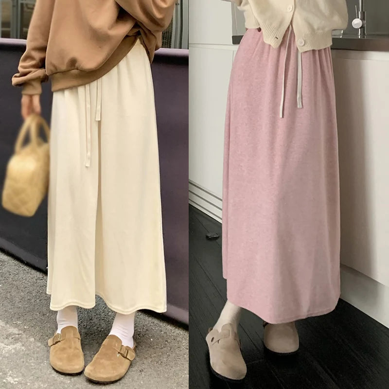 Women's Skirt Solid Colour Long Skirt Elastic Drawstring Spring Autumn