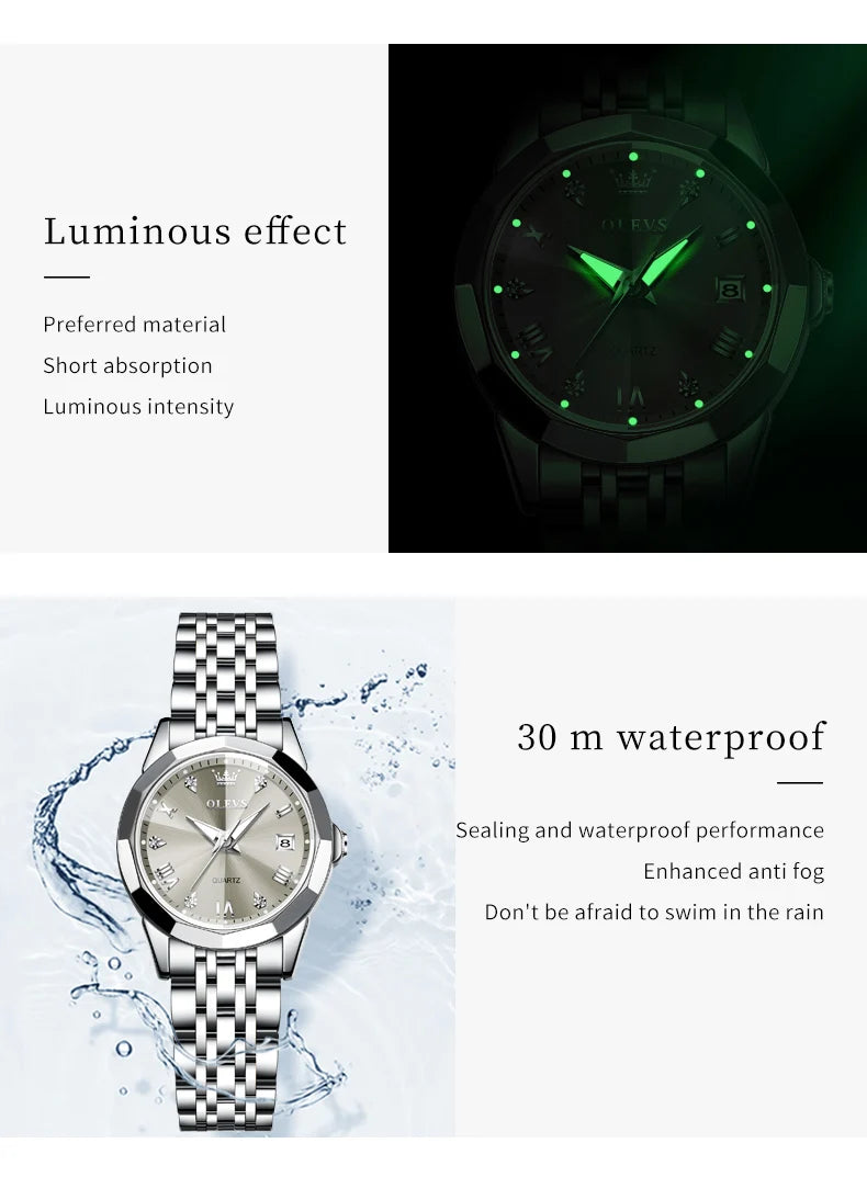 OLEVS Elegant Fashion Women's Watches Luxury Brand Original Quartz Watch for Ladies Waterproof Stainless Steel Luminous Date