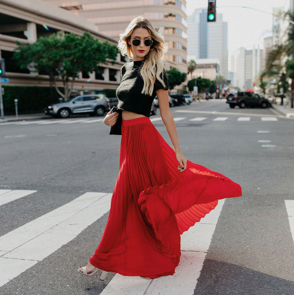 2022 Fashion Womens A-line Pleated Red Skirts Summer Jupe Longue Elastic Vintage Elegant Chic Loose Long Skirt Dropshipping