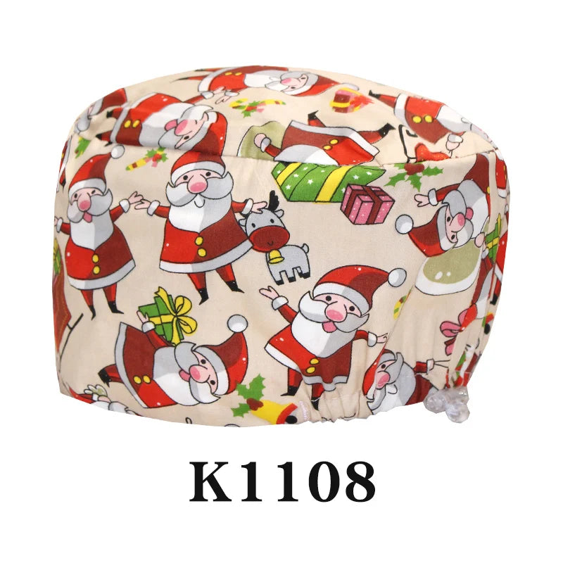 Santa Claus Print Surgical Caps Christmas Scrub Hats Dental Hospital Nurse Headwear Durable Medical Caps Soft Cotton K1093