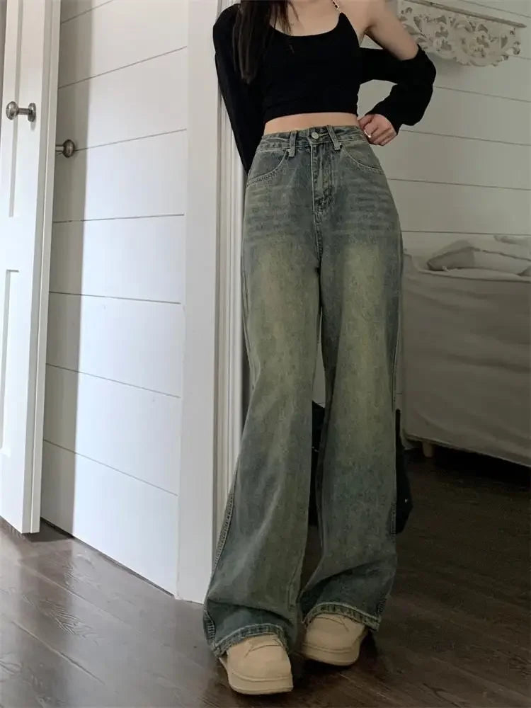 Vintage High-waisted Slimming Jeans American Style Casual Bell Bottoms Versatile Straight-leg Long Pants For Women