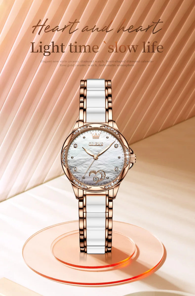 OLEVS 6631 Luxury Date Mechanical Watch For Women Original Ceramic Steel Strap Woman Wristwatch Deep Waterproof Dress Watches