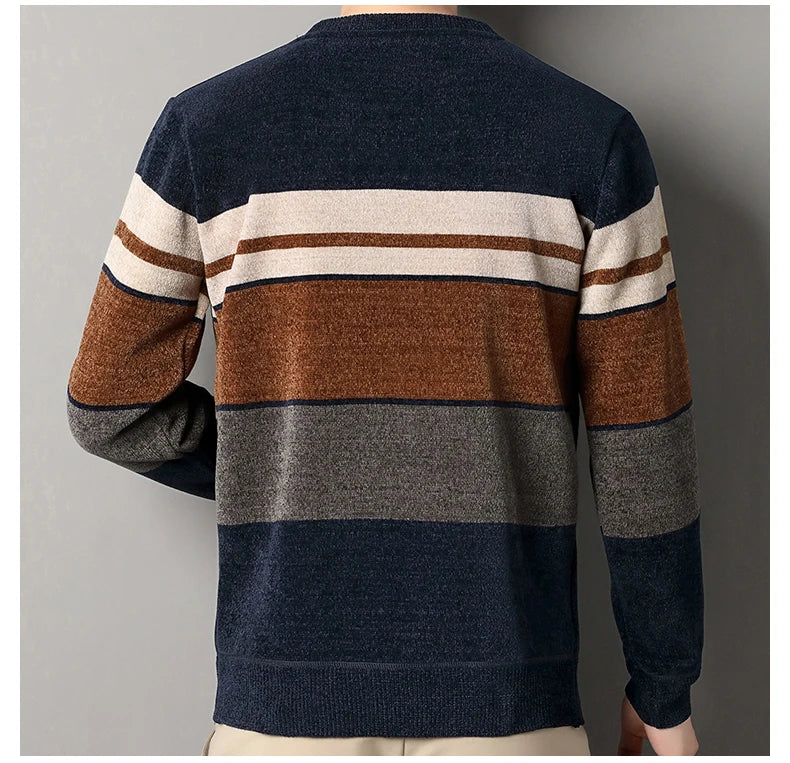 Mens Chenille Sweaters Fashion Knitting Pullover Striped Men's Autumn Winter Top Clothes Round Neck Knitted Sweaters