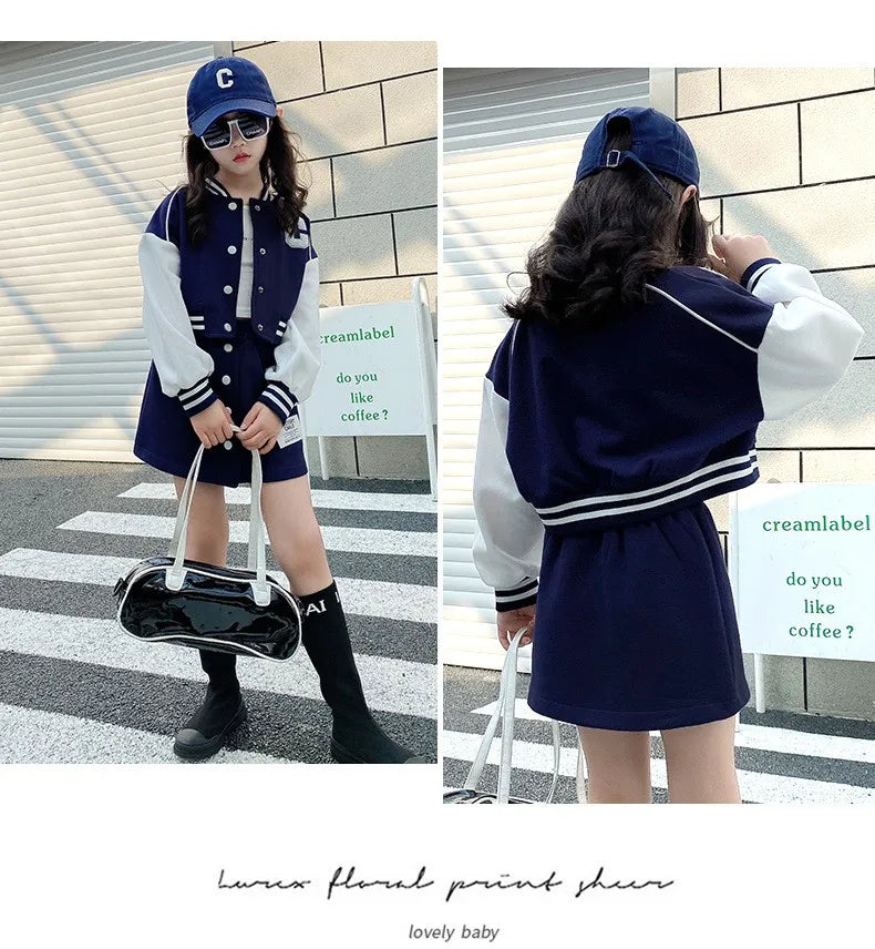 Baseball Coats+Slim Skirt 2Pcs Clothing Sets Spring Autumn Teen Girls Fashion Sports Outfits Kids Letter Print Tracksuit 3-14 Y