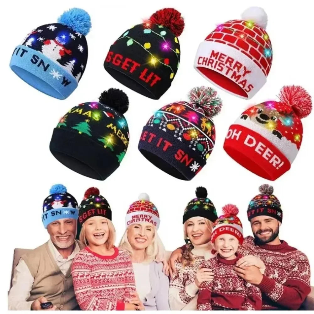 1pc LED Christmas Hat X-mas Flash Light Up Knitted Hat Warm Winter Cap Christmas Gift for Kids/Adults Xmas New Year Feative Hats