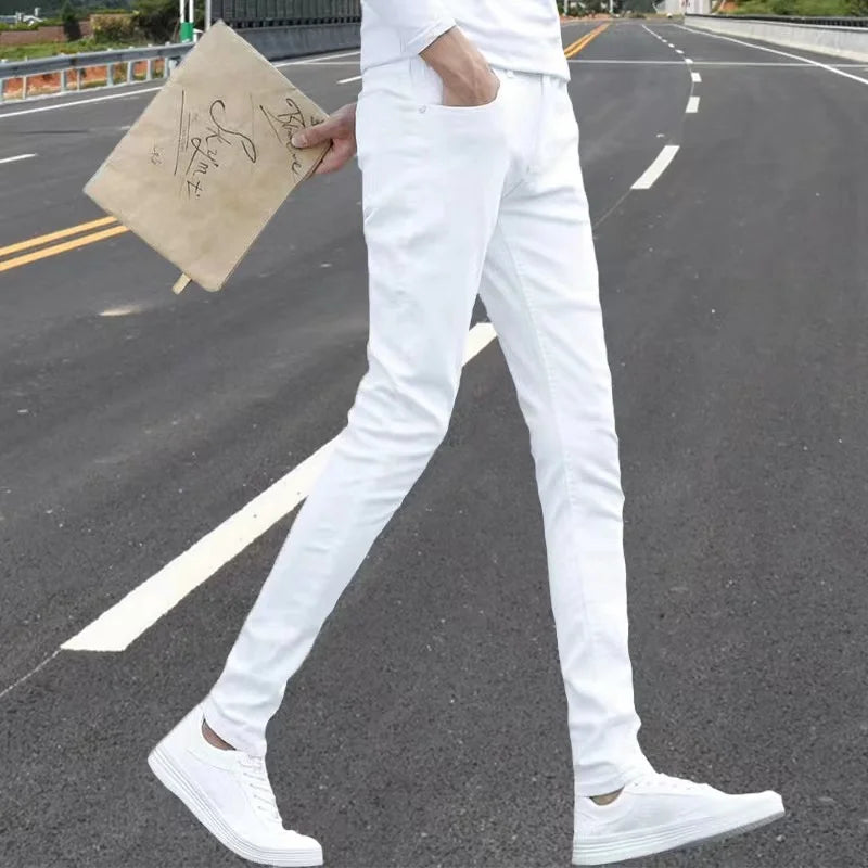 Fashion Mens Slim Fit Denim Pencil Pants High Quality Black White Skinny Stretch Jeans Mens High Street Jeans Four Season