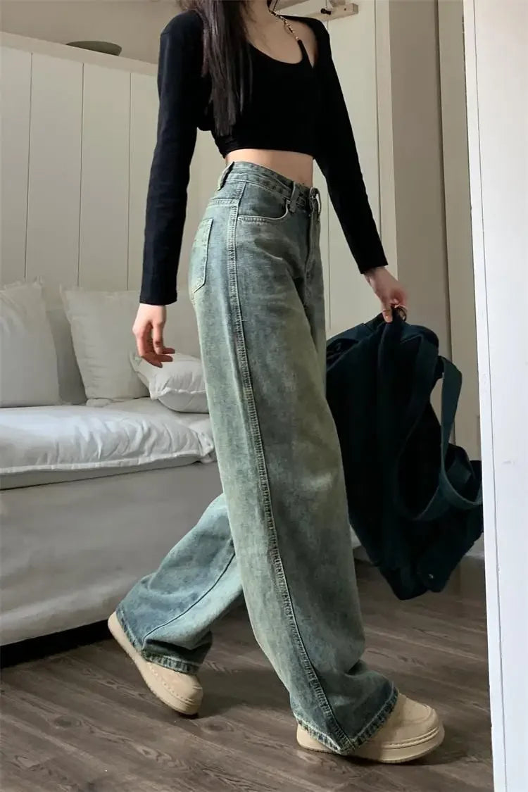 Vintage High-waisted Slimming Jeans American Style Casual Bell Bottoms Versatile Straight-leg Long Pants For Women