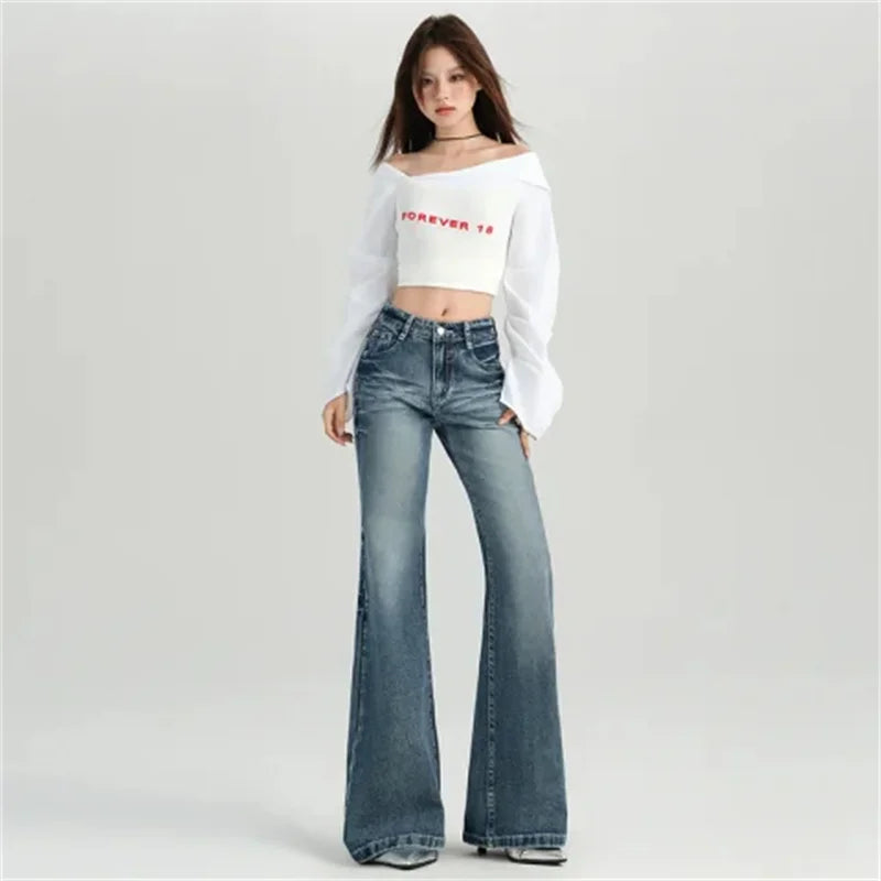 Spring/Svintage Ladies Flare Style Slim Women's Pants Mid-Waist Hip Lift Blue Jeans