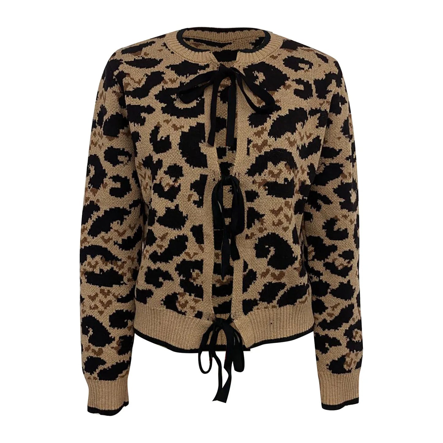 Leopard Print Bow Tie Front Knit Sweaters Cardigan Crew Neck Long Sleeve Sweater Jacket Women Loose Casual Comfy Sweater