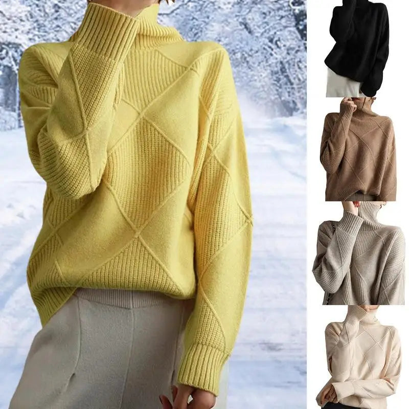 Turtleneck Sweater Long-Sleeve High Neck Sweater Loose Solid Color Knit Pullover Tops For Women Autumn Winter