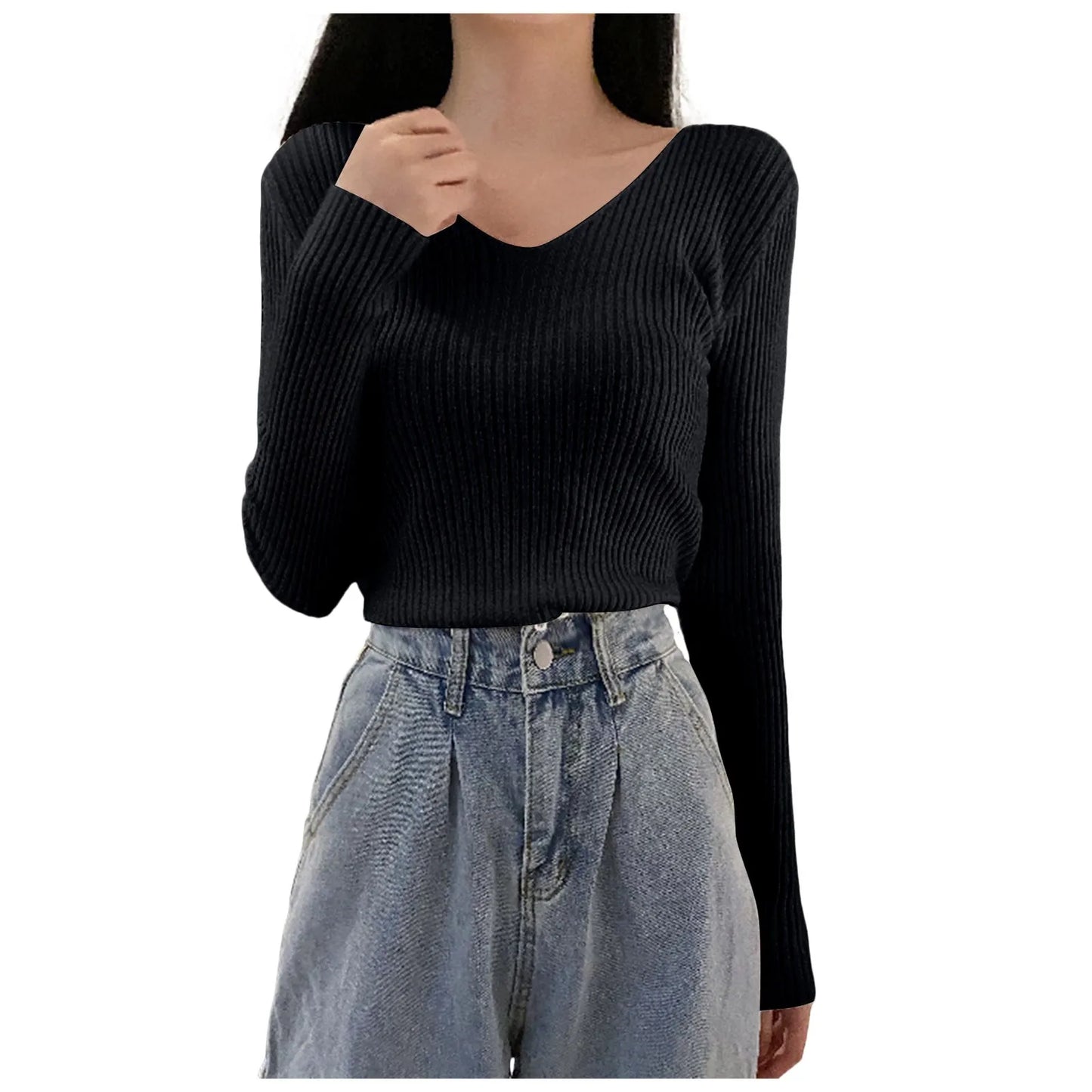 Women Basic Bottoming Pullover V Neck Sweater Autumn Winter Slim Fit Stylish Inner Wear Knitted Long Sleeve Top Tight Work Cloth