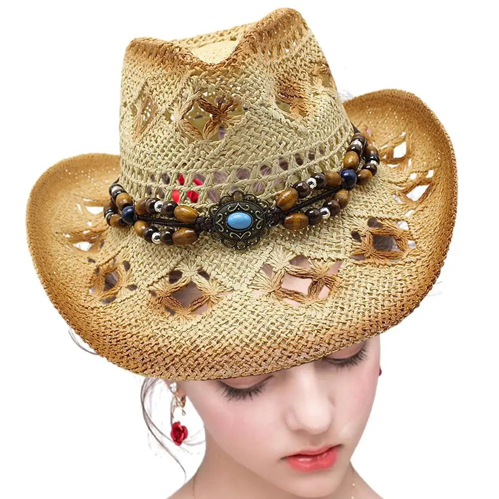 Mens Straw Cowboy Hat Unisex Beach Hat Cow Boy Hat With Hat Band For Men Women Breathable Lightweight Sun Protection