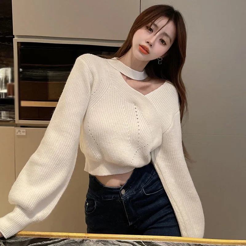 Women's Christmas Sweater Sexy Long Sleeved Sweater Warm Hanging Neck Off Shoulder Female Solid Color Tops