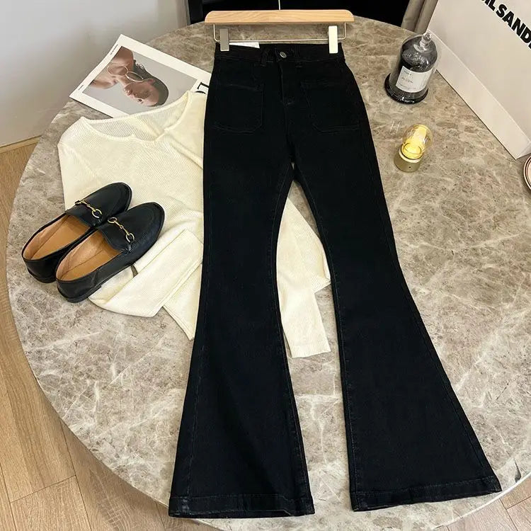 New High Waist Trousers Loose Washed Jeans Pockets Slim Denim Flare Classic Women Vintage Stretch Straight Trousers All-match