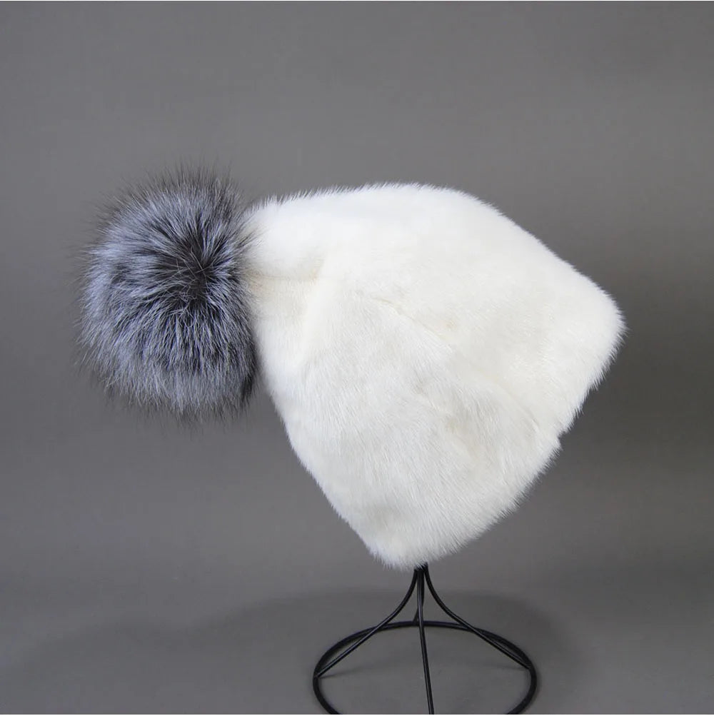 2023 Winter Real Natural Mink Fur Fox Hat for Women Thicken Warm Casual Pom New High Quality Girl Bobble  Christmas Knitted Cap