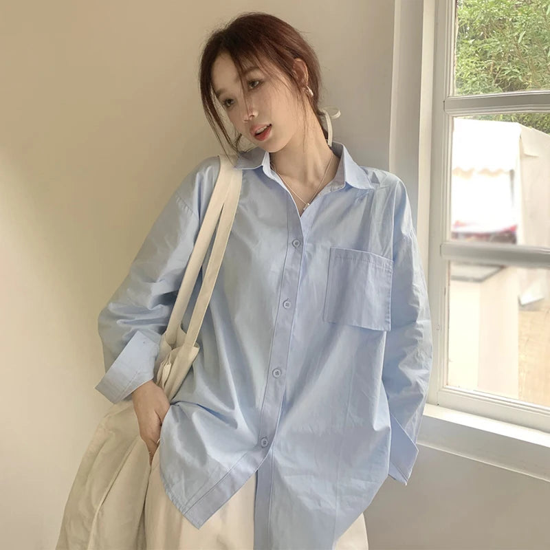 Women's Sweet Loose Long Sleeve Chiffon Blouse Solid Color Summer Urban Casual Lapel Shirt Girly Versatile Tops