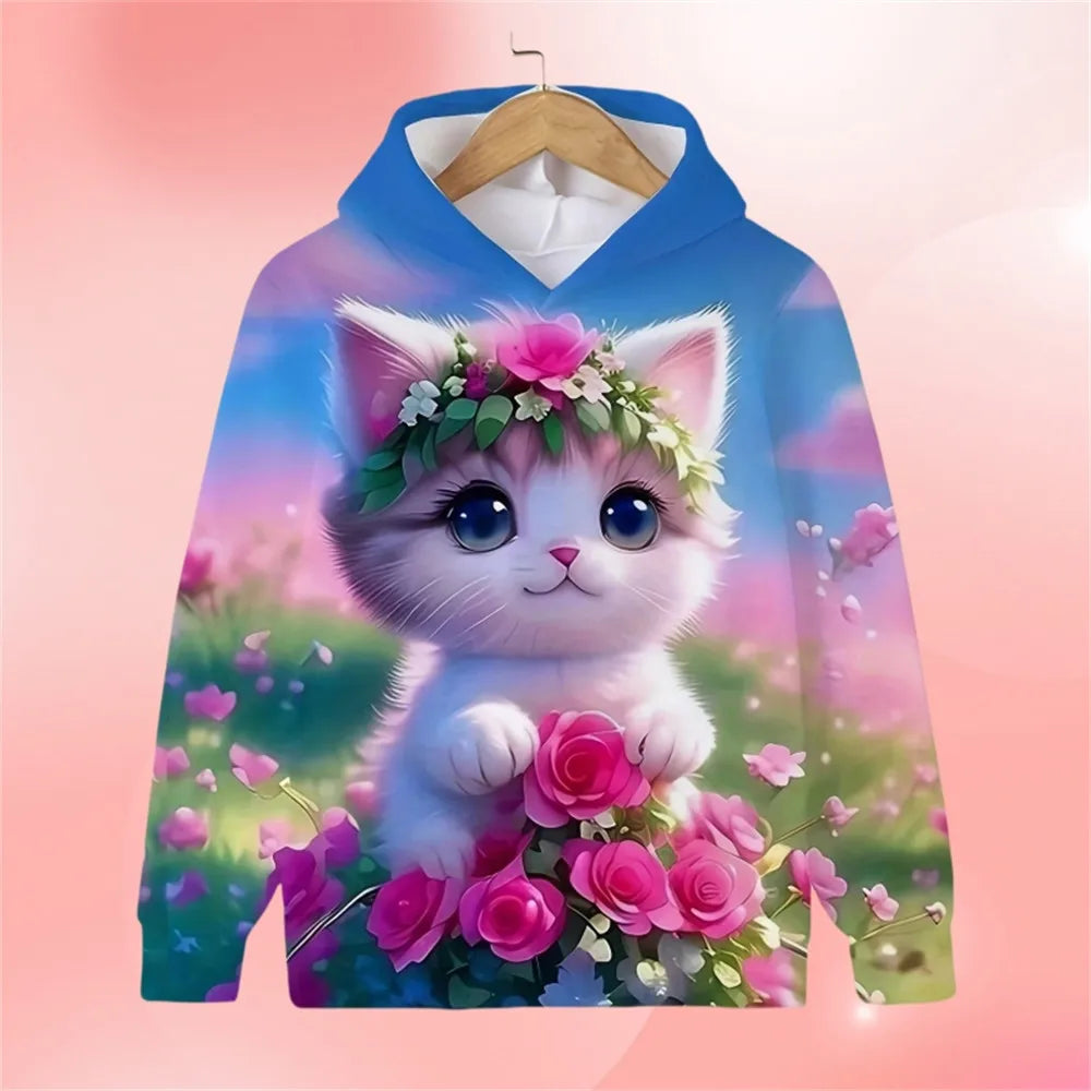 2024 Kawalii Girls Clothes Hoodies for Kids Cat Hoodie Fashion Cartoon Spring Autumn Casual Cartoon Print Sweaters for Children