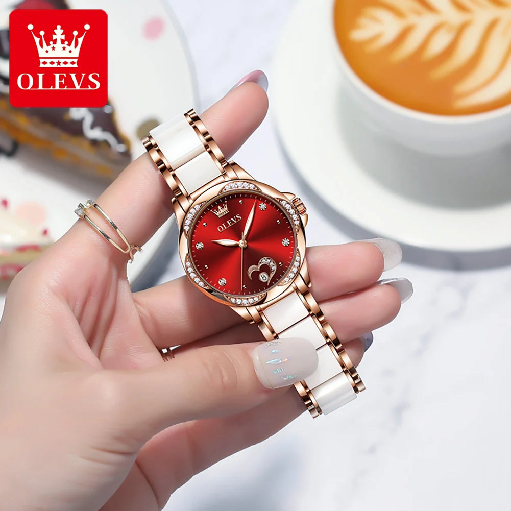 OLEVS 6631 Luxury Date Mechanical Watch For Women Original Ceramic Steel Strap Woman Wristwatch Deep Waterproof Dress Watches