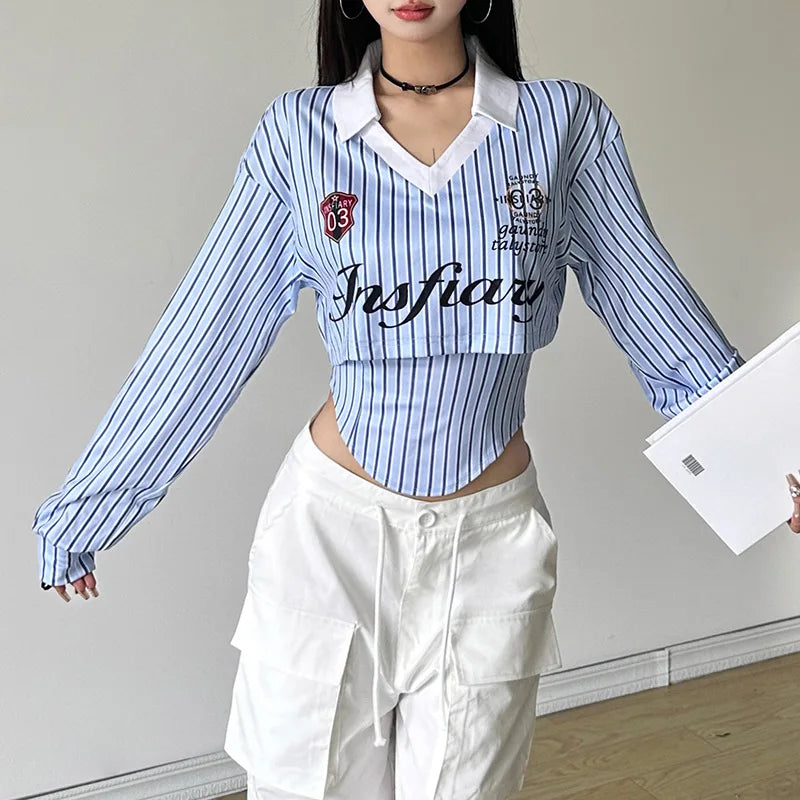 Waist Seal Street Shooting Striped Letter Printed T-Shirt Grunge Irregular Bottom Shirt Women Casual Striped T-Shirt Fitted Top