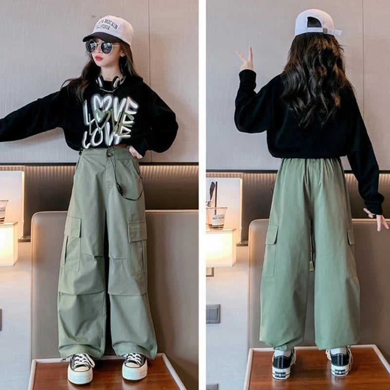 Kid Girls Sweater+Cargo Pants 2Pcs Suit Autumn Teen Clothing Set Fashion Letter Printing Outfits Spring New Tracksuit 3-14 Years