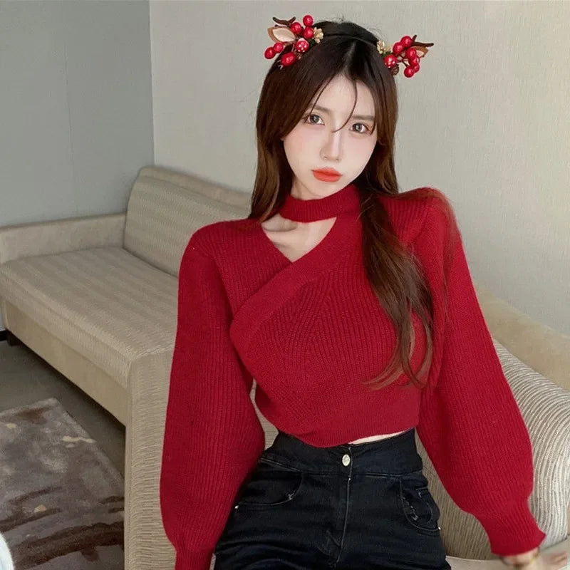 Women's Christmas Sweater Sexy Long Sleeved Sweater Warm Hanging Neck Off Shoulder Female Solid Color Tops