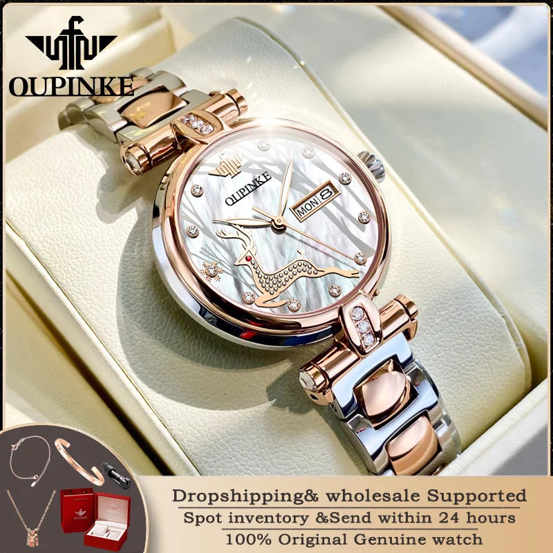 OUPINKE 3180 Luxury Women Automatic Mechanical Watch Elegant Ceramic Elk Diamond Waterproof Watch Fashion Women Watch Girl Gift