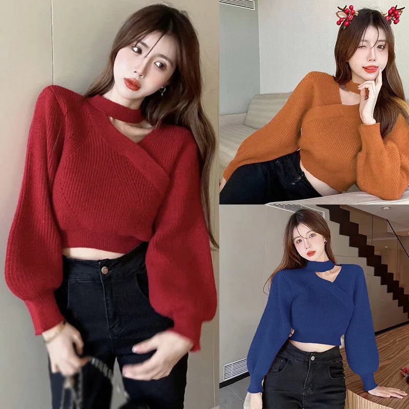 Women's Christmas Sweater Sexy Long Sleeved Sweater Warm Hanging Neck Off Shoulder Female Solid Color Tops