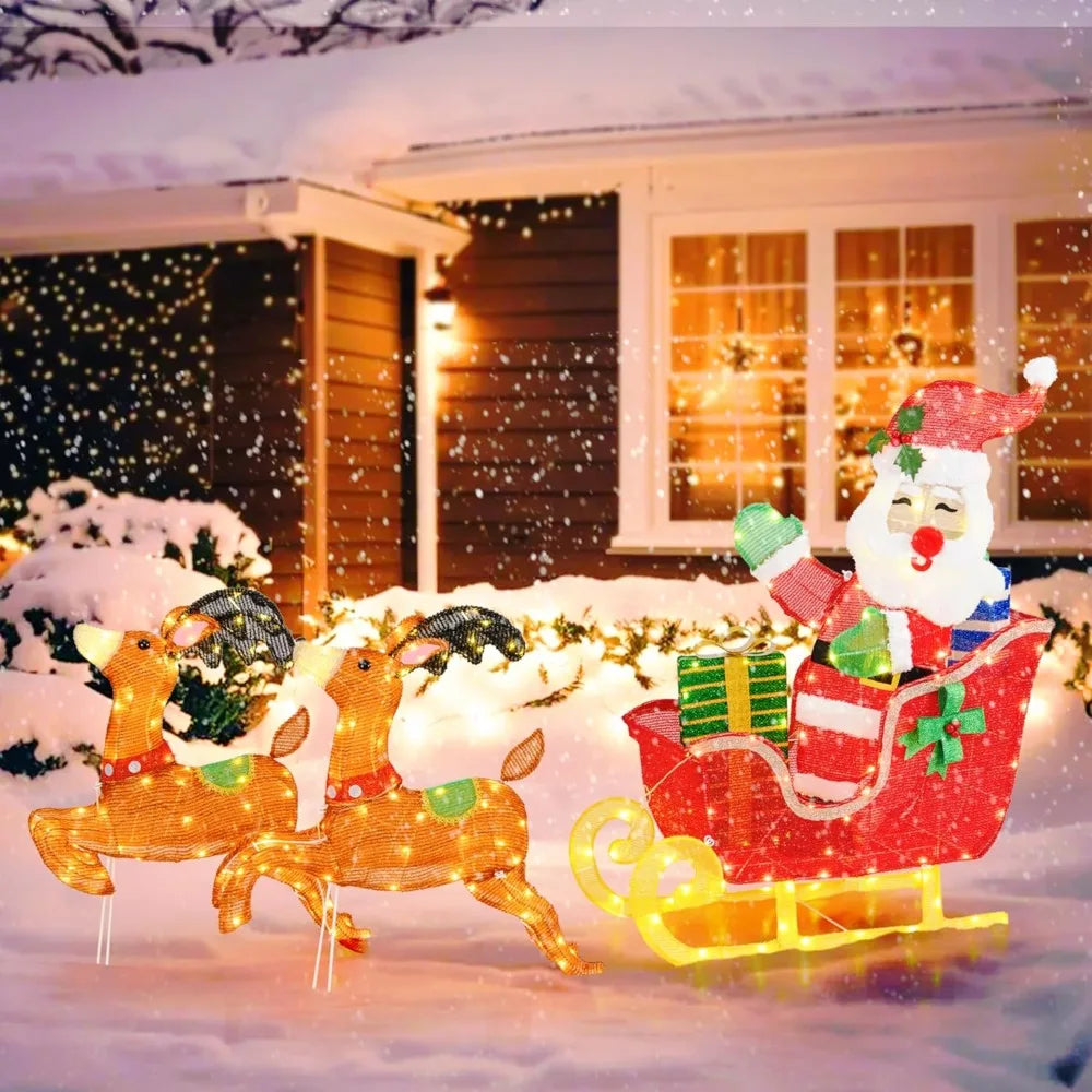 5 FT Christmas Lighted Reindeers with Santa Claus Sleigh, Outdoor Light-up Xmas Decoration Set with 239 LED Lights, 12