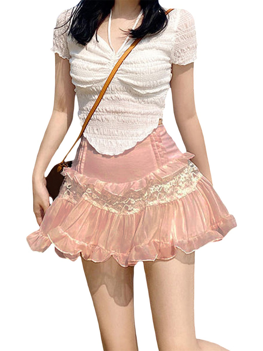 Women s Summer Mini Skirts Cute High Waist Lace Patchwork Ruffle Hem A-Line Skirts