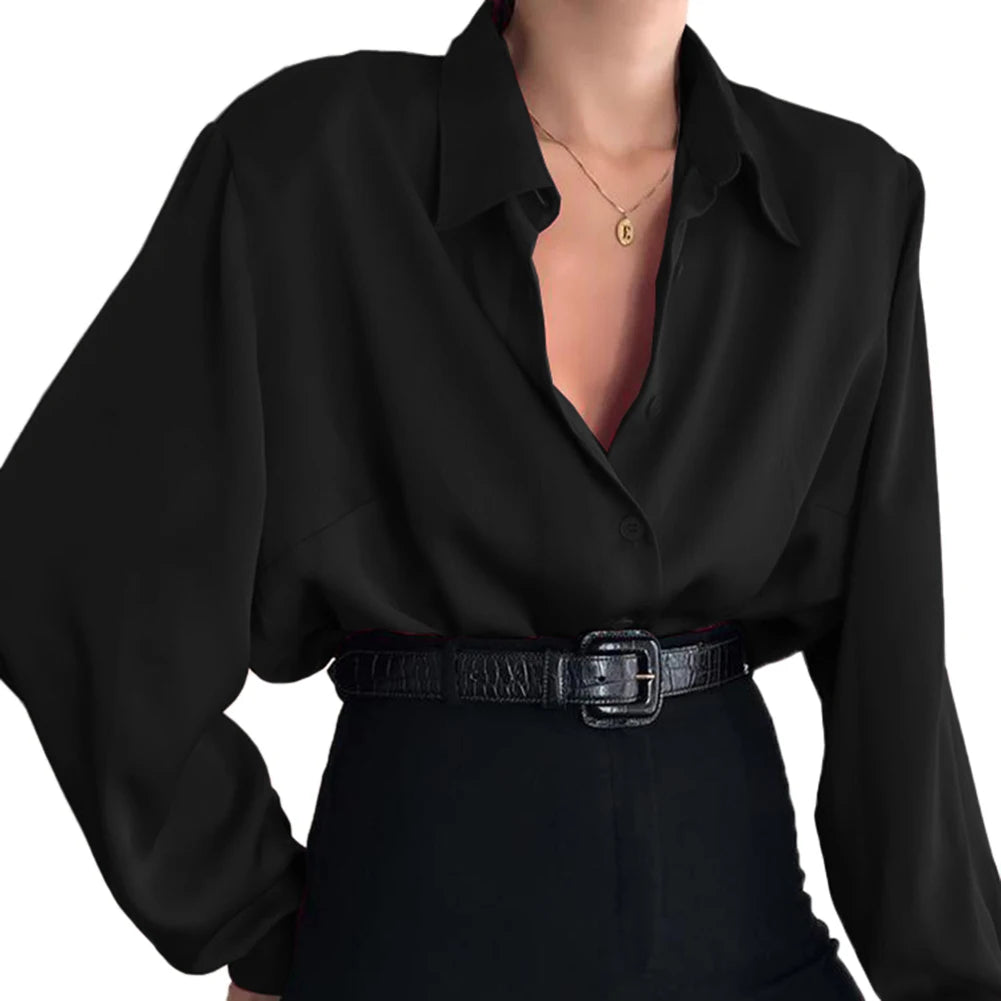 Women s Elegant V-Neck Blouse Ruffle Sleeve Button Down Shirt Stylish Loose Fit Lapel Top for Casual Wear