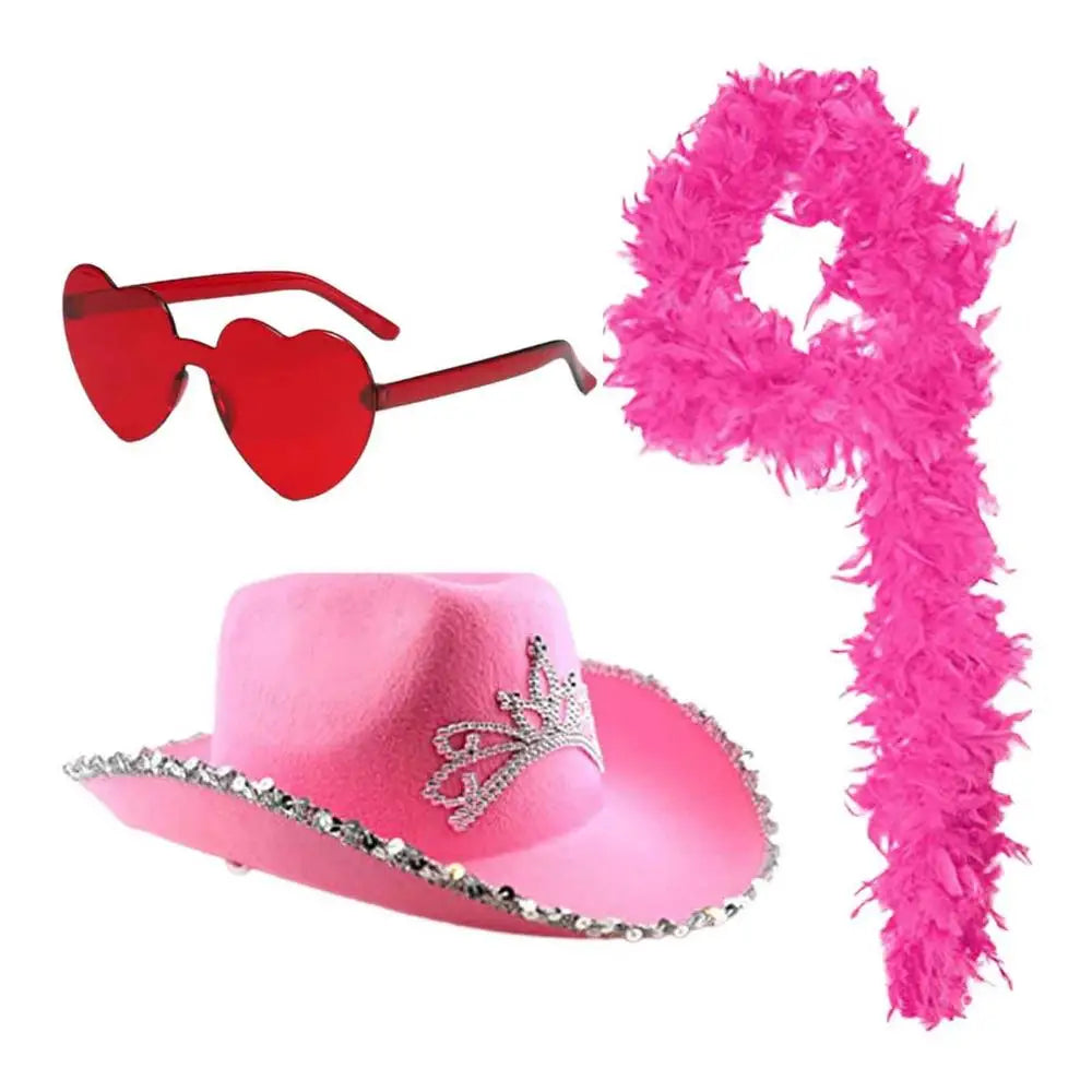 Pink Cowgirl Hat Novelty Preppy Pink Cowgirl Hat And Heart Shaped Sunglasses Skin-friendly Party Decoration Clothes For Disco