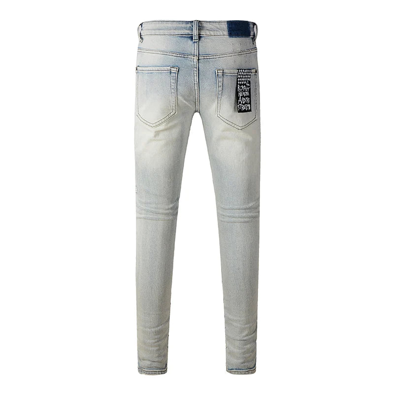 Men's Distressed Light Indigo High Street Skinny Brand High Quality Ripped Jeans