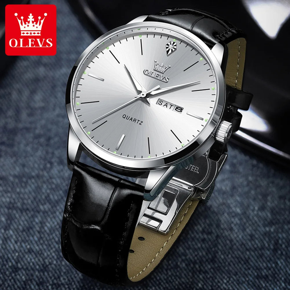 OLEVS Fashion Business Brand Original Men Watches Leather Strap Trend Week Calendar Quartz Watch Luminous Waterproof 43mm Dial