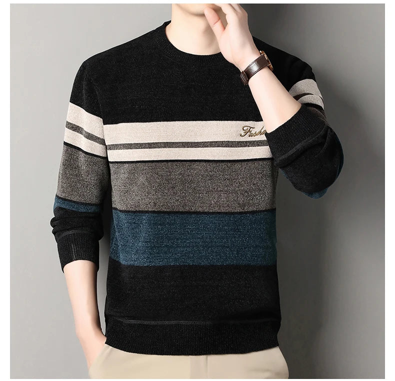 Mens Chenille Sweaters Fashion Knitting Pullover Striped Men's Autumn Winter Top Clothes Round Neck Knitted Sweaters