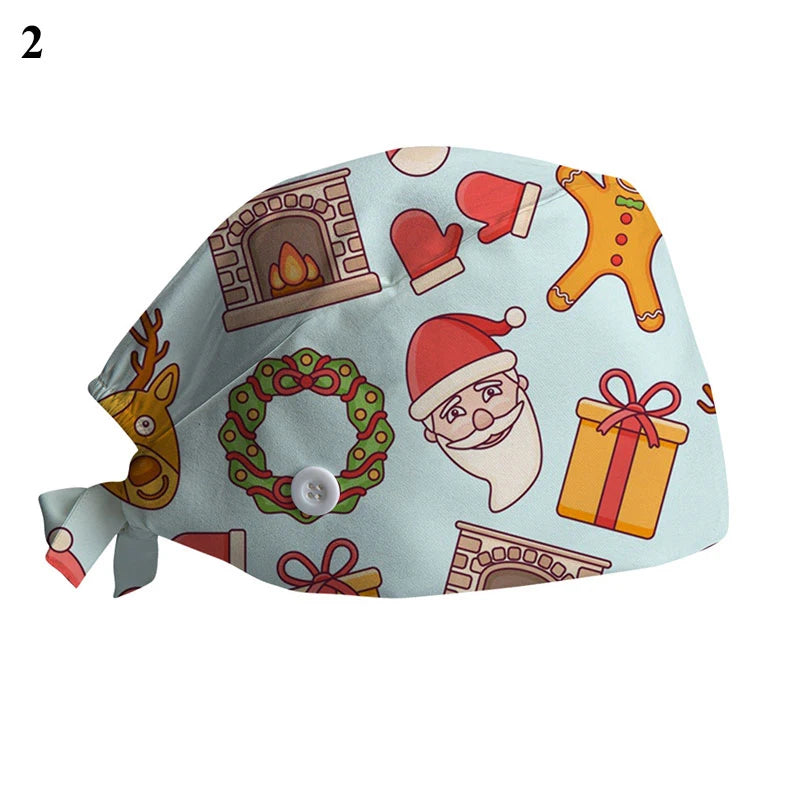 New Christmas Scrubs Caps Santa Claus Print Cap Pet Grooming Agency Work Scrubs Hat Beauty Work Hats Lab Nursing Cap