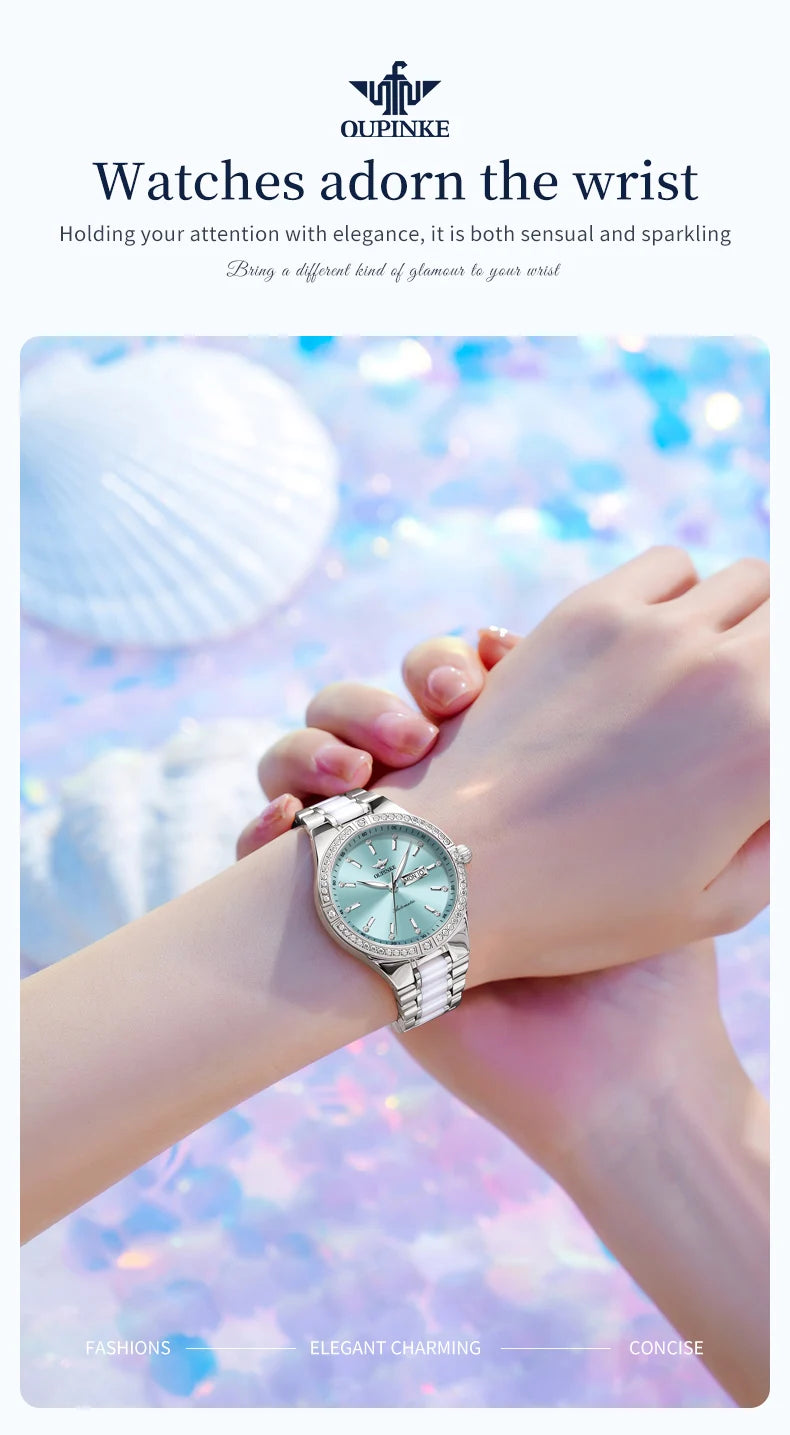 OUPINKE Mechanical Watch for Women Stainless steel Ceramic Strap Sapphire Mirror Waterproof Luminous Calendar Week Ladies Watch