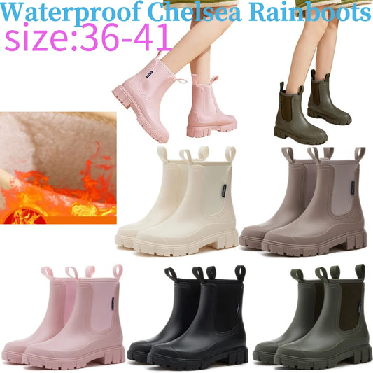 Women's Rain Boots with Plush Lining Ankle Rain Shoes Waterproof Garden Shoes Anti-Slipping Wellington Boots Outdoor Work Shoes