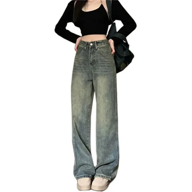 Vintage High-waisted Slimming Jeans American Style Casual Bell Bottoms Versatile Straight-leg Long Pants For Women