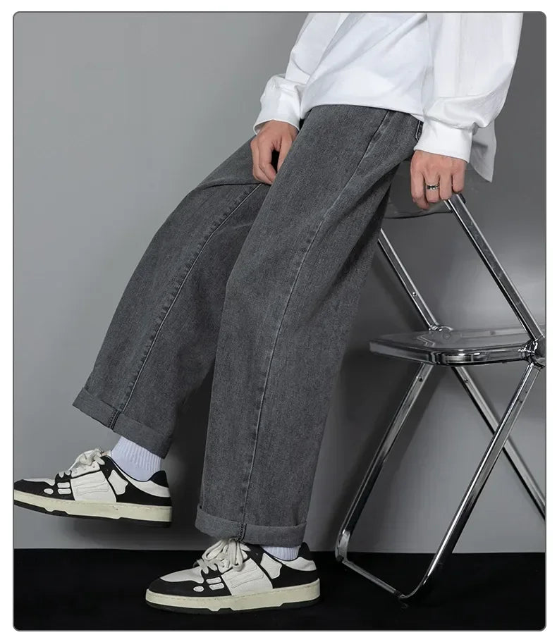 2024 New Men's Fashion Jeans Korean Style Solid Color Loose Straight Wide Leg Casual Denim Long Pants Classic Style Male