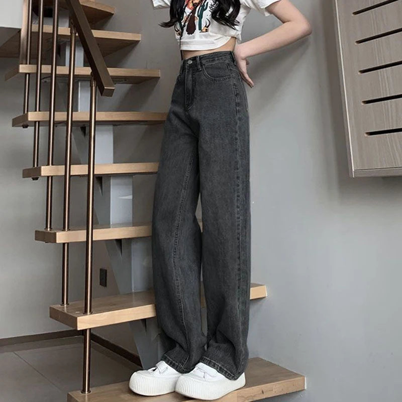 Woman Vintage Wide Leg Jeans Girls High Waist Pants Female Fashion Black Black Grey Retro Blue Light Blue Pink Denim Trousers