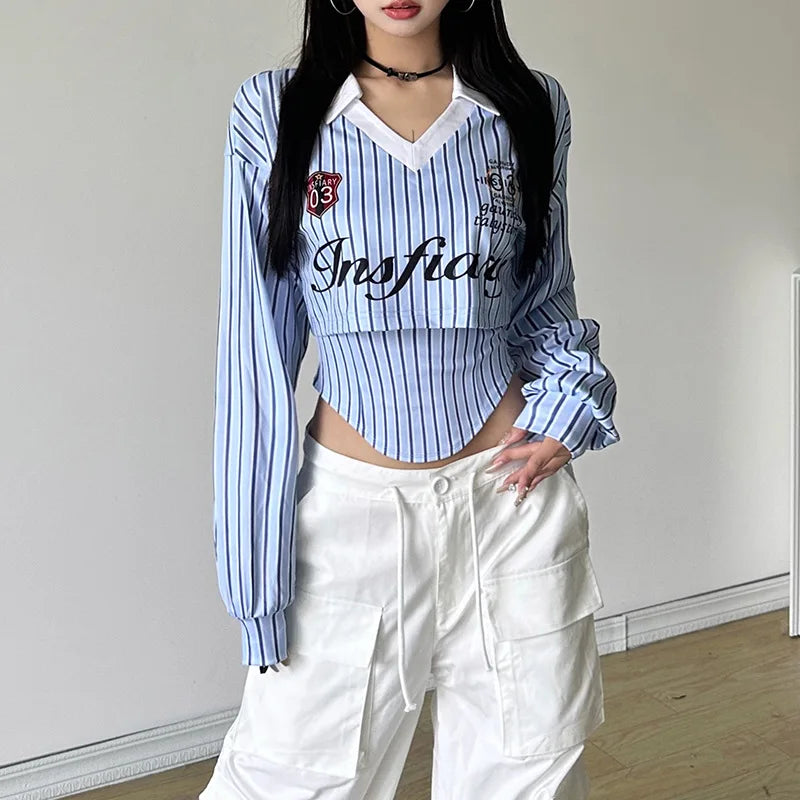 Waist Seal Street Shooting Striped Letter Printed T-Shirt Grunge Irregular Bottom Shirt Women Casual Striped T-Shirt Fitted Top