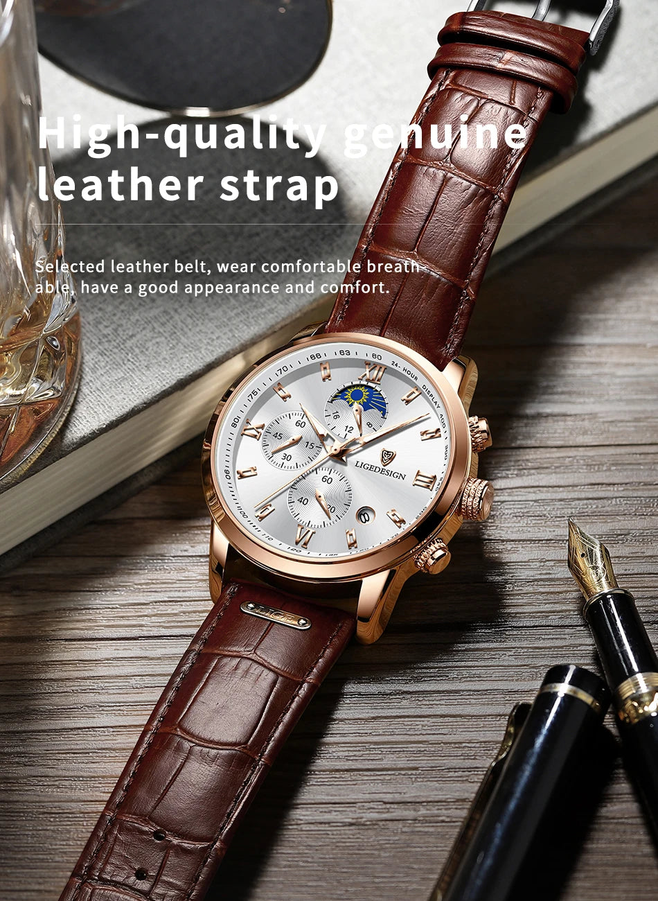 LIGE Luxury Fashion Women Watch Leather Strap Waterproof Casual Sport Quartz Wristwatch 24 hour Moon Phase Clock Watch for Women