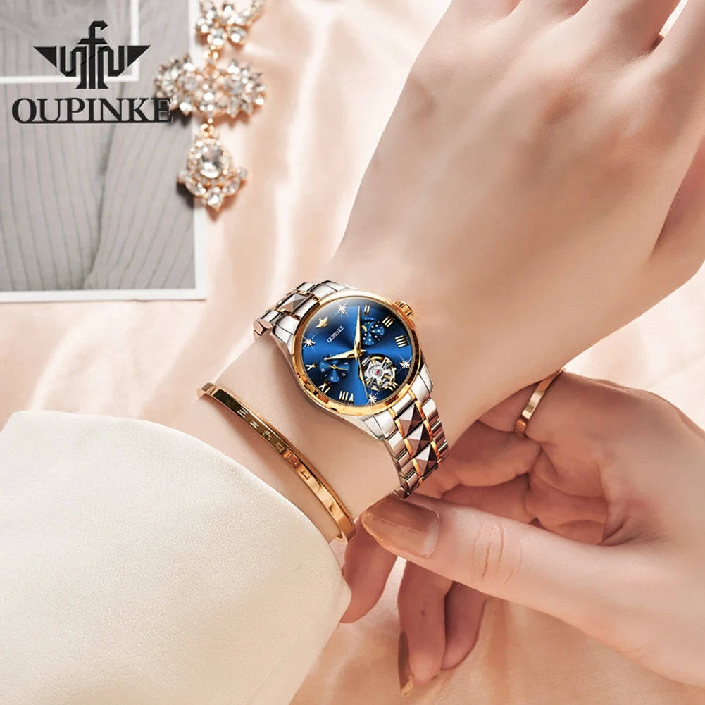 OUPINKE Fashion Luxury Brand Women's Watches Elegant Hollow out Moon Phase Automatic mechanical Watch Original Female Wristwatch