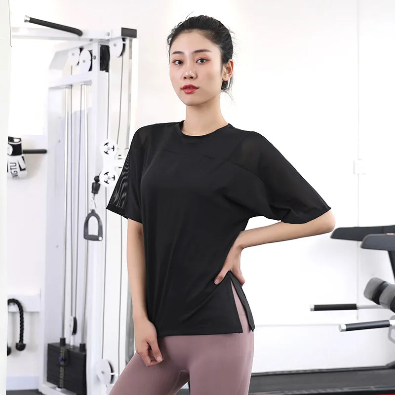 Women Yoga Top Solid Short Sleeve Sport T-Shirt Loose Fitness Yoga Top Gym Shirt Casual Running Top Training Shirt